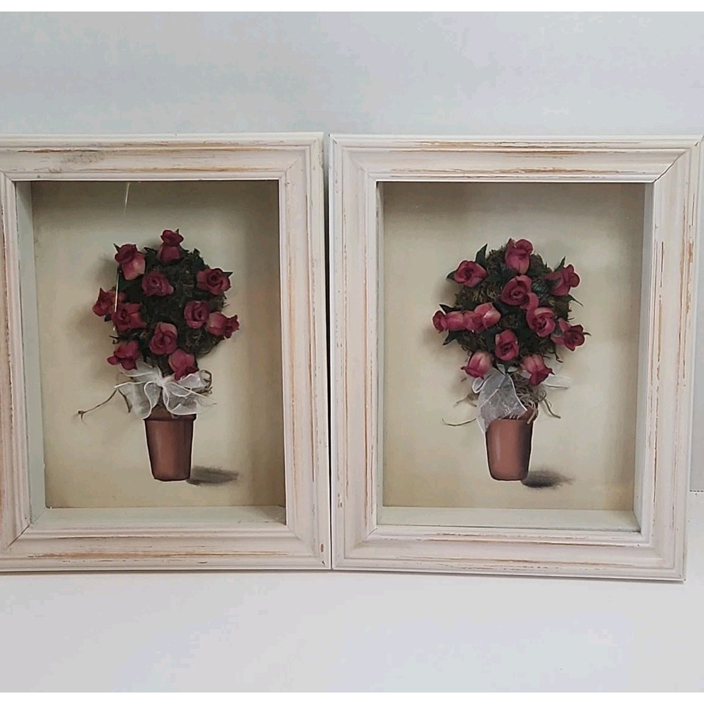 Vintage 1990s Constance Lael Topiary Rose Shadow Box Frame Wall Art Pair Set 2